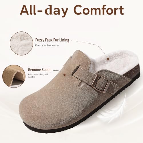 Image of KIDMI Women's Fur Lined Genuine Suede Clogs Fuzzy Cork Footbed Potato Shoes | Adjustable Metal Buckle, Non-slip Rubber Soles, Cushioning, Cozy and Warm, Supportive, Indoor, Outdoor, Winter, Casual