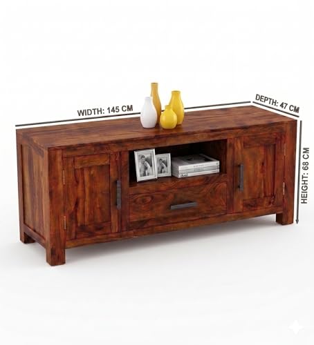 Image of Sheesham Rosewood, 1 Drawer Solid Wood TV Entertainment Unit | Wooen TV Cabinet Living Room & Office (Finish Color - Honey Oak Finish)