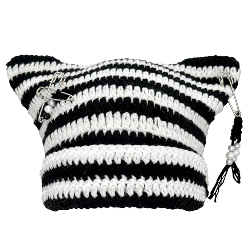 Hshsclth Cat Ear Crochet Beanie Hat Y2K Style with DIY Accessories Goth Knit Hat for Women Girls (US Alpha One Size White and Black Stripe)