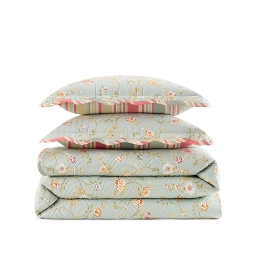 Image of Waverly Garden Glitz Modern Farmhouse Floral 3-Piece Reversible Quilt Bedding Bed Spread Set, King /California King, Vapor