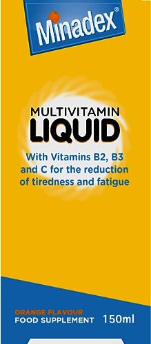 Minadex Multivitamin Liquid for Adults & Kids (Delicious Orange Flavour), 150 ml - Omega-3 & Vitamins A, B2, B3, C, D, E for Reduction of Tiredness and Fatique