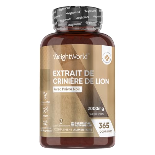 Lions Mane Champignon 2000mg 365 Comprimés Vegan pour 1 An, Avec Poivre Noir Fournit 50% De Polyphénols, Extrait d'Hericium Erinaceus 25:1 Champignon Crinière de Lion sans Stearate de Magnésium
