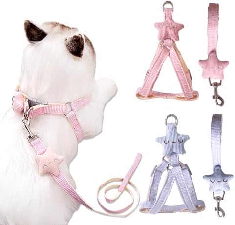 2 Piezas Arnes para Gatos con Correa, Estrellas Correa para Gatos, Rosa Azul Cat Harness y Leash Antiescape para Gato Perro Pequeño Cachorros Caminar y Viajar