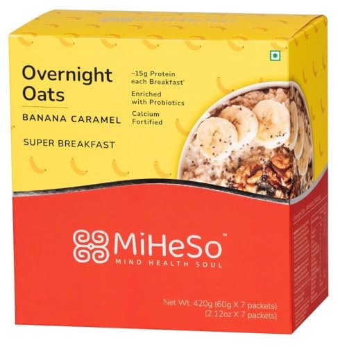 Image of MiHeSo Overnight Rolled Oats Banana Flavour 420 G | Healthy Oatmeal Breakfast Within 15 g High Protein, Calcium & Fibre | Diet Food For Weight Loss For Women & Men | No Refined Sugar | Gluten Free