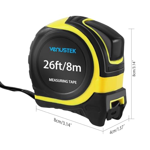 VENUSTEK Maßband Massband, 8 m (26 Fuß), Profi Bandmaß mit Gürtelclip,Feststeller, gelb lackiert mit Zoll- und mm Skala, für Haushalt, Heimrenovierungen und Baustelle