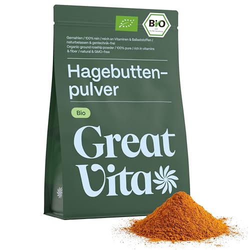 GreatVita Bio Hagebuttenpulver 1000g | Schonend gemahlenes Pulver aus 100% Bio Hagebutten | Reich an Vitaminen, Ballaststoffen & Mineralstoffen | Fruchtig-säuerlicher Geschmack Ideal für Smoothies