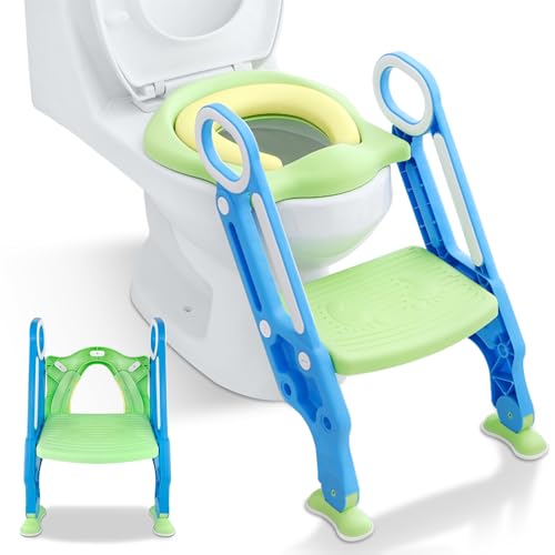 FIVMEN Faltbare Töpfchen Trainer für Kinder Toilettensitze mit Trittschemel Treppen Baby Lerntöpfchen Wc-Sitz mit PU Kissen & Griffen Töpfchen Tragfähigkeit bis 75KG Toilettentrainer (Grün)