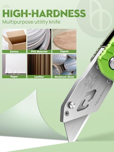 Utility Knife, BIBURY Upgraded Version Heavy Duty Box Cutter, Pocket Carpet knife with 10 Replaceable SK5 Stainless Steel Blades, Belt Clip, Easy Release Button, Quick Change and Safety Lock-Green
