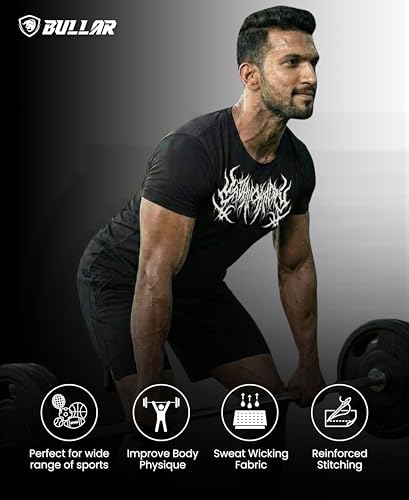 Image of BULLAR Men's Polyester Blend Compression T-Shirt, Half Sleeve Athletic Sports Tight, Crew Neck, Slim Fit Tshirt for Fitness and Workout