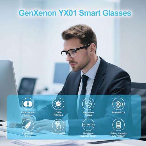 GenXenon Smart Glasses for Women Men, Anti-blue Light Photochromic Lenses, Open-ear Half-frame Design, 26.1g Lightweight Music Eyeglasses, Bluetooth Sunglasses with Speakers for Travel Sports Business
