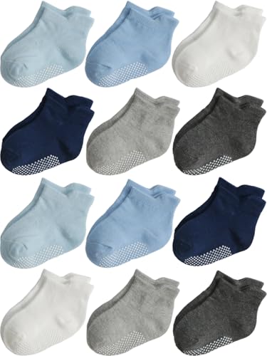Image of Aroveea Toddler Socks Non Slip Grip Ankle Baby 12 Pack for Kids Boys Girls | Soft combed cotton; safety silicone on bottom; machine washable; fits 6M to 7Y children indoor outdoor play all season