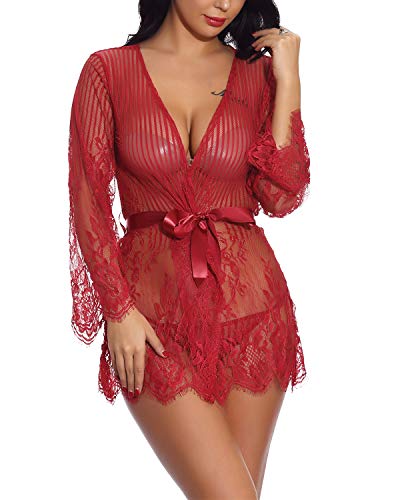 Qianzibaimei Women's Sexy Lace Kimono Robe Babydoll Lingerie Mesh Nightgown G-String (New Red, M)