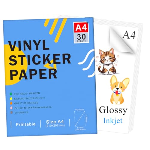 Ruibytree Bedruckbares Glänzend Vinyl-Aufkleberpapier für Tintenstrahldrucker - A4 Format (297 x 210 mm) Wasserfester selbstklebender Aufkleber Kompatibel mit Cricut,Lebendige Farben (30 Blätter)