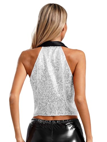 Womens Sequin Waistcoat Vest Dressy Sparkly Suit Vest Sleeveless Bling Party Christmas V-Neck Top4