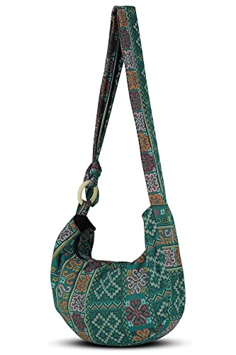 Image of Hobo Crossbody Bag for Women - Handmade Cotton Boho Purse with Wooden Ring | Lightweight Slouchy Shoulder Sling Tote Bag