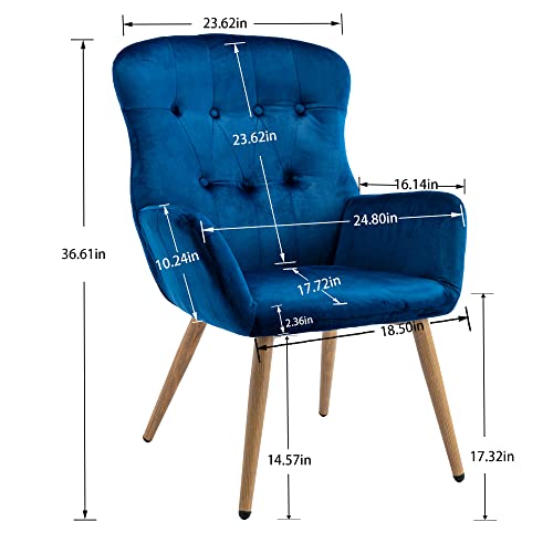 Kcc Velvet Desk Chair, Modern Tufted Button Accent Chair Wingback Upholstered Tall Back Side Vanity Armchair With Wood Grain Metal Legs For Living Dining Room Bedroom, Navy Blue #TOP2