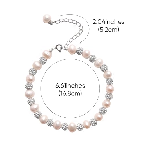 Image of CZ Pearl Bracelets for Women, 925 Sterling Silver Natural Pearl with Cubic Zirconia Crystal Bead Sparkle Bracelet for Brides Adjustable Silver Handmade Jewelry Bracelets for Birthday Party Graduation Jewelry Gifts