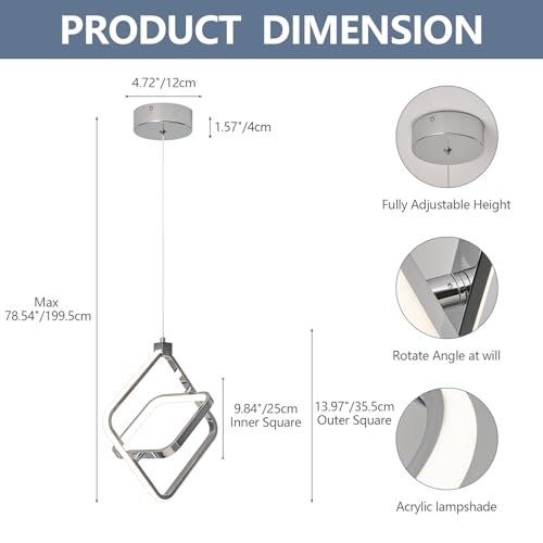 Image of Modern LED Chandelier Chrome Rectangular Pendant Light Fixtures 4000K 20W Dimmable Height Adjustable Pendant Lighting for Dining Room Kitchen Island Bedroom Living Room Foyer(3-Pack)