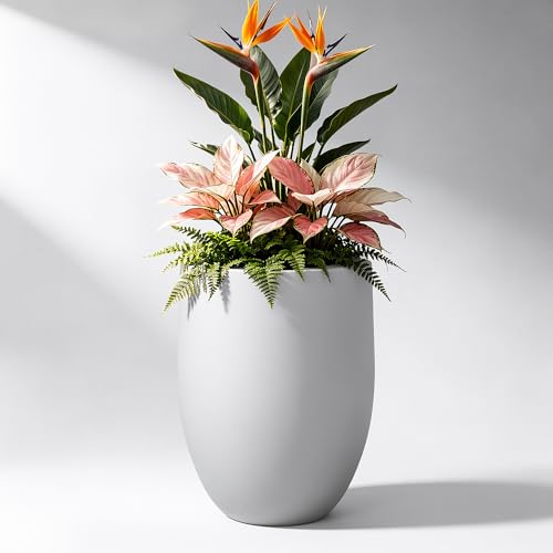 Image of Kante 21.7 inch H Snow White Concrete Planter, Lightweight & Crack-Resistant Large Pot with Drainage Hole & Rubber Plug, Modern Textured Round Container for Home Garden Gift