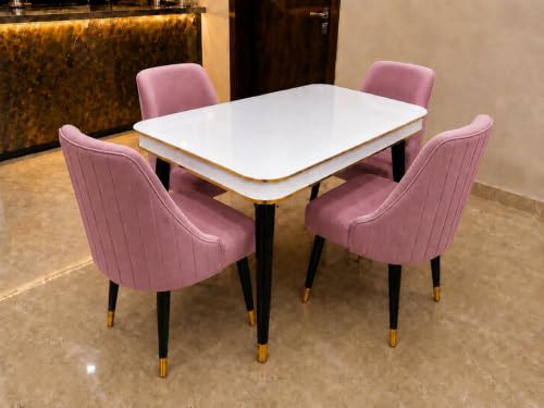 Image of WOODEN SPACE 4 Seater Wooden Dining Table Set | Urban Marble Top Dining Table with Chairs for Dining Room & Kitchen (Modern Infinity Pink) (54 x 36 x 30 inch)