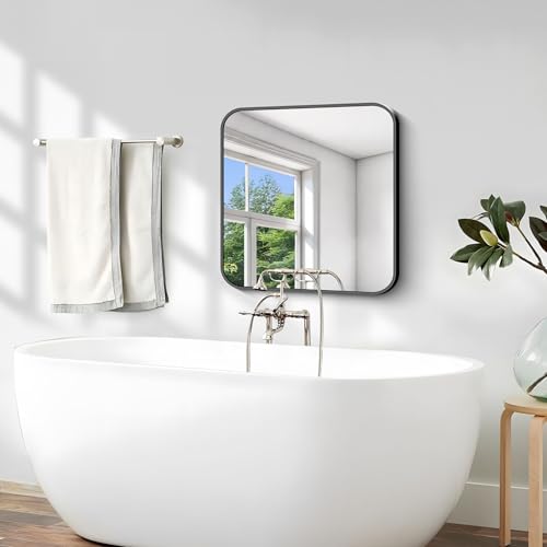 Image of Black Bathroom Mirror, 18 x 18 inch Square Mirrors for Wall, Metal Frame Rounded Corner Vanity Mirror for Over Sinks Modern Bedroom Living Room Horizontal Or Vertical Mounting