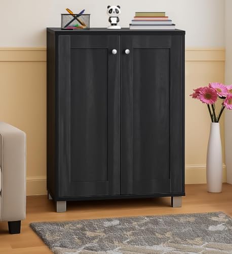 Image of Mevigo Shoe Rack Wooden with Door - 2 Door 4- Tier Engineered Wood Shoe Rack Organizer for Entryway, Hallway & Bedroom, Space Saving Shoe Storage Cabinet -Dark Grey-RB1