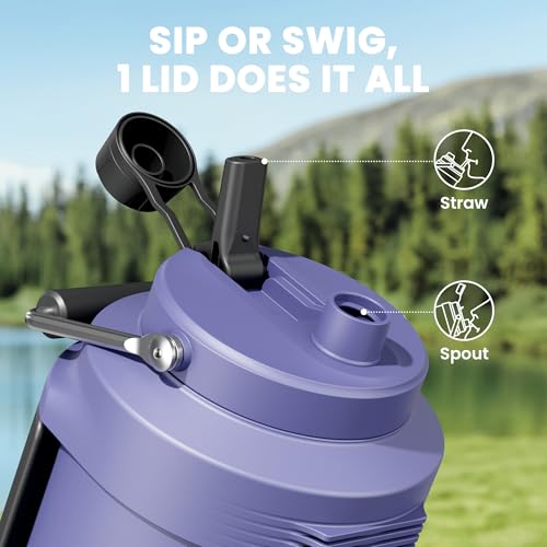 Image of 1 Gallon Insulated Water Bottle for Sports: Meoky 128 oz Triple Wall Vacuum Stainless Steel Water Jug - Top and Side Handles, Cold for 48 Hrs, 2-in-1 Straw and Spout Lid, Leak Proof for Hiking (Navy)