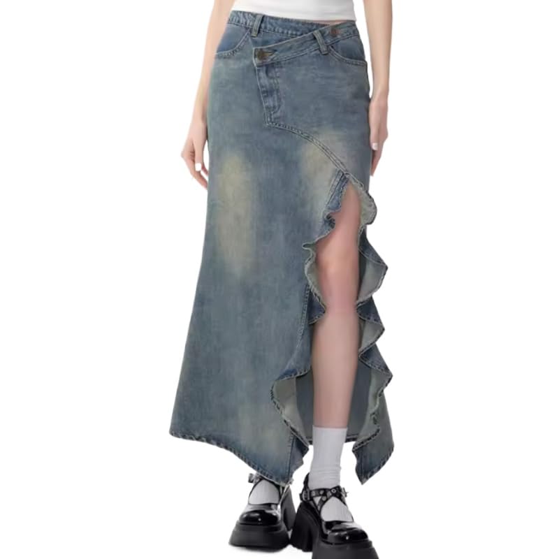 Women's Retro High Waist Slimming A-Line Long Denim Skirt with Side Split | Flattering Tailored Fit