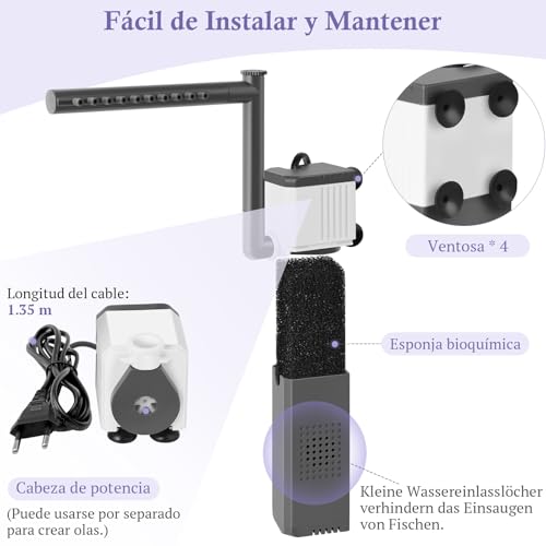 Miniatura 8 de Fedour 8w 400lph Filtro De Acuario Ultrapotente Para Pecera De 15-70l, Filtro De Pecera Ajustable 3 En 1 Con Esponja Bioquímica, Filtros Para Acuario Sumergibles Internos Para Tortuga Gamba Cría