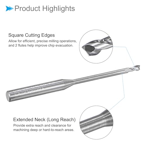 Image of Square Nose End Mill, 2mm x 25mm Cutting, Long Reach Carbide 2 Flutes CNC Router Bits - (Applications: for Aluminum Copper Metal Plastic Wood)