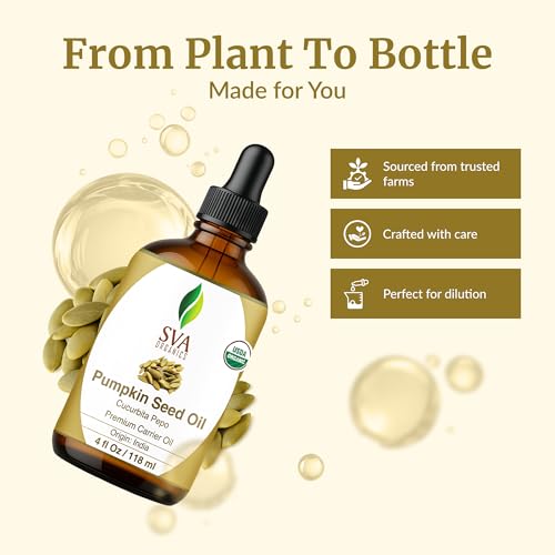 SVA Organics Pumpkin Seed Carrier Oil 4 Oz Organic USDA 100% Pure Natural Cold Pressed Unrefined Therapeutic Grade Oil for Skin, Hair, Body