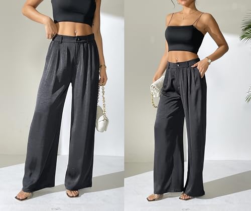 Women's Textured Wide Leg Pants Satin Silky Flowy Dressy Trouser Casual Slacks4