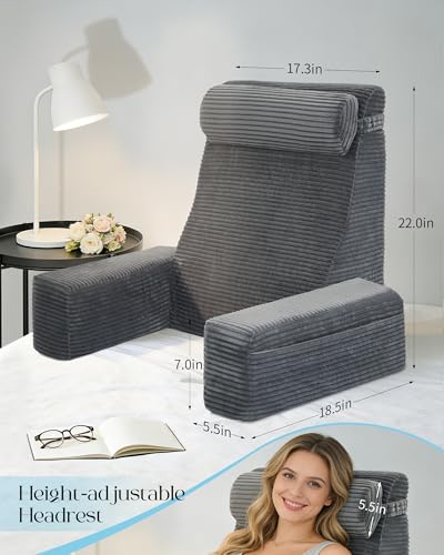 Seniny Reading Pillow for Bed Adult - 22\" Back Support Pillow for Sitting Up Rest, Husband Bed Chair and Backrest Pillow with Arms, Lounge Sit Up Pillows for Dorm, Corner, Couch, Study, Watching TV