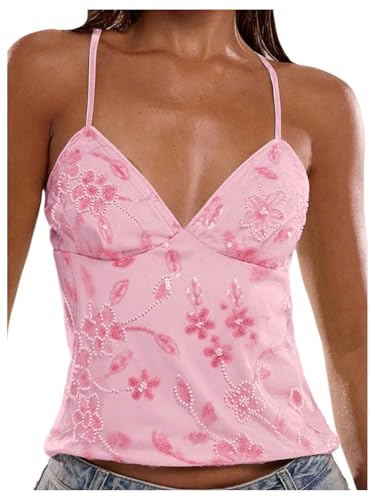 SOLY HUX Womens Y2k Sequin Cami Top V Neck Spaghetti Strap Criss Cross Backless Going Out Tops Party Clubwear Light Pink Large
