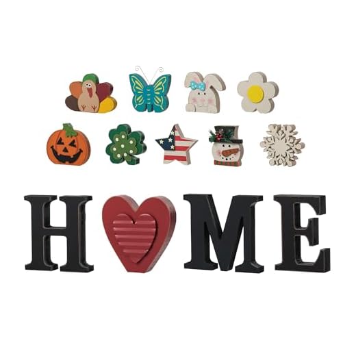 Glitzhome Interchangeable Home Table Signs with 13 Pcs Seasonal Icons, Wooden Changeable Home Sign for Holiday Decor, HOME Letter Sign Ornaments Set Interchangeable Holiday Decorative Shelf Blocks