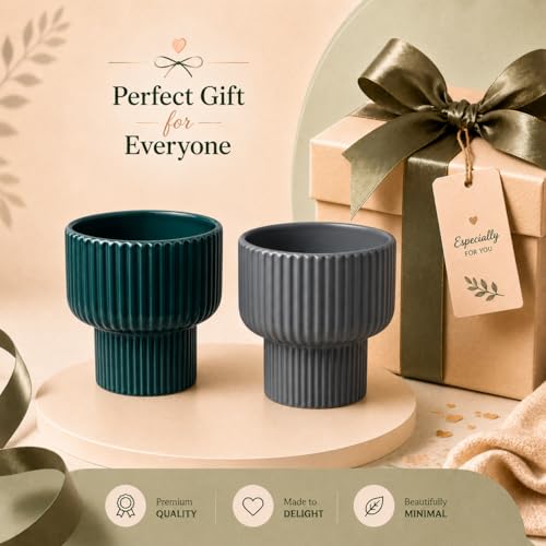 Image of Xtore Striking Ribbed Ceramic Planter Set for Indoor Plants | Contemporary Decorative Flower Pots for Living Room, Office Desk, Shelf & Tabletop Greenery (Set of 2, Teal Green & Grey, Planters only)