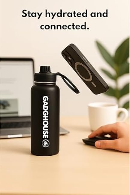 GadgHouse 40oz Stainless Steel Water Bottle with Magnetic Phone Holder, Compatible with Apple and Android. Leakproof, Insulated, BPA-Free, Keeps Hot 12H Cold 24H, for Gym, Office, Travel (ONYX BLACK)