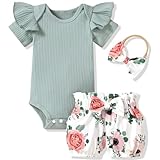 Newborn Baby Girls Clothes Ribbed Short Sleeve Bloomer Shorts Floral Summer Outfit Green