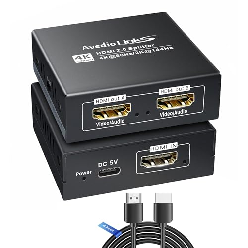 HDMI Splitter 1 in 2 Out, Dual Monitors Hdmi Splitter with 4ft HDMI Cable,4K@60Hz HDmi Audio splitter for TV and Soundbar with Down Scaler,Support 4K & 1080P Simultaneous Display,Dobly Vision/Atmos