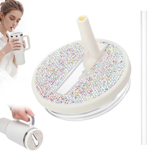 SAVORI 30 oz Tumbler Flip Straw Lid Replacement fit for Stanley Quencher H2.0, Rhinestone 30 oz Leak Proof Lid for Stanley Tumber, Non Spill Lids for Stanley Cup (Cream-AB Rhinestone, 30 oz)