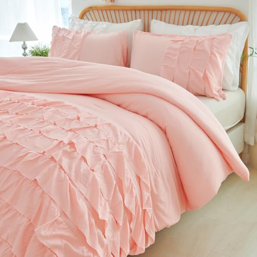 Perfemet PMF001 Pink Blush Ruffle Comforter Set Twin Size 3 Pieces Farmhouse Boho Bedding Sets For Girls Washed Microfiber Multi Layers Ruffled Kids Bed Sets thumb #4