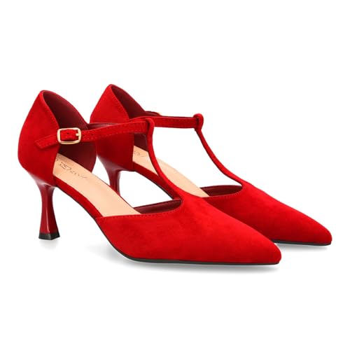 96120 Zapato de Tacon Medio con Tira en T para Mujer. Elegante, Comodo y versatil. con un Diseno Tipo Salon Ideal para Otono Invierno. Cierre de Hebilla y Tacon Fino. Burdeos Talla 40
