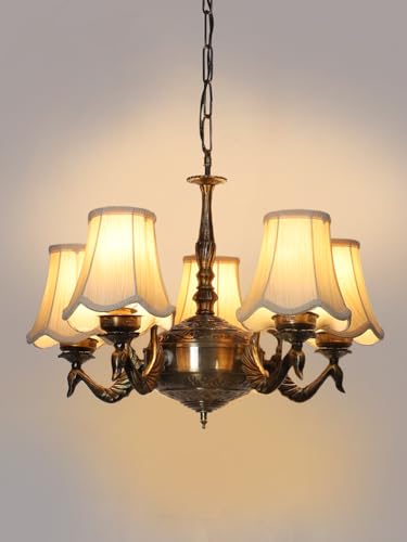 Image of Devansh 05-Light Conical Off-White Cotton Shade Chandelier - Antique Golden Finish | Adjustable Cord | Warm Glow Lamp - Ceiling Light for Living Room, Dining Area, Bedroom & Entryway Decor - D4