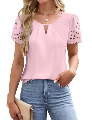 LEKOPUR Bluse Damen Kurzarm Rosa Chiffon Shirt Blusen Elegant Lochmuster V-Ausschnitt Sommer Festliche Oberteil für Party Outfit Tunika Damenblusen