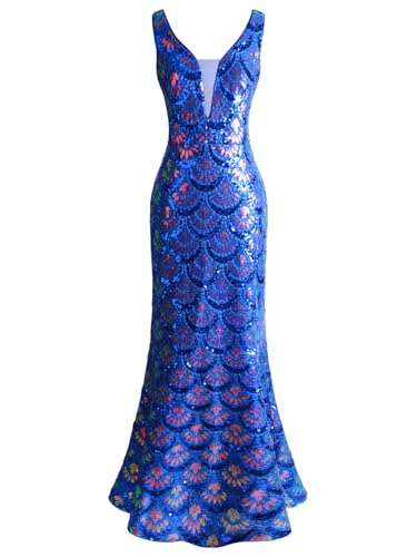 Angel-fashions Robe de soirée longue bleue pour femme, Col en V, style sirène, avec paillettes florales, bleu marine, 40
