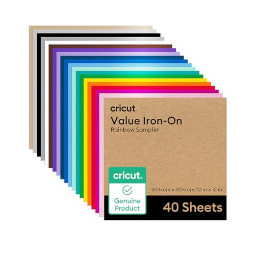 Cricut HTV Heat Transfer Vinyl Sheets | 40 Pack | 30.5 cm × 30.5 cm (12 × 12) | Iron-On HTV Vinyl Sheets for Fabric, Ideal for Custom T-Shirts & DIY Projects