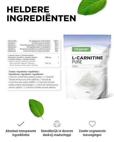 L-Carnitine Puur - 300 g puur poeder zonder toevoegingen - 100% L-Carnitine Tartraat - 100 porties met 3000 mg Carnitine Poeder - Veganistisch - Hoge Dosis - Afbeelding 6