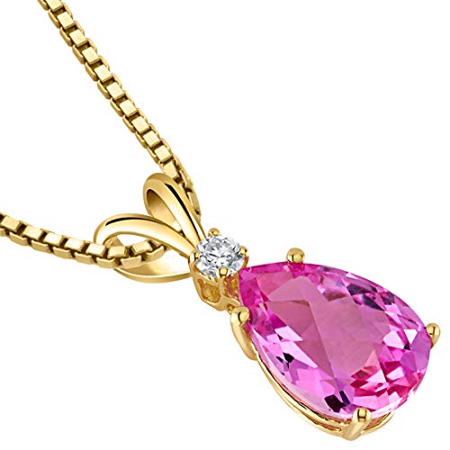PEORA 14K Yellow Gold Created Pink Sapphire with Genuine Diamond Pendant, Elegant Teardrop Solitaire, Pear Shape, 10x7mm, 2.50 Carats total, September Birthstone Necklace, Sparkling Sapphire Jewelry3
