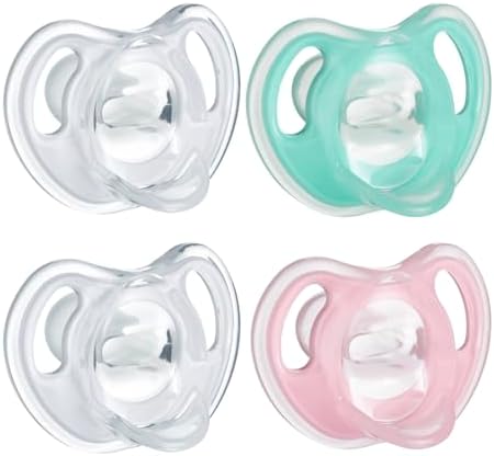 Tommee Tippee Ultra-Light Silicone Pacifier, 0-6 Months, Symmetrical One-Piece Design, BPA-Free Silicone Binkies, Clear/Green/Pink, Pack of 4
