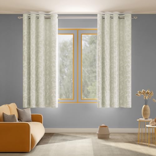 Image of haus & kinder Printed Jacquard Window Curtains 5 Feet Long Pack of 2 Window Curtains, 5 Feet Curtains for Window (Whispering Willows, Champagne 130x152 CM)